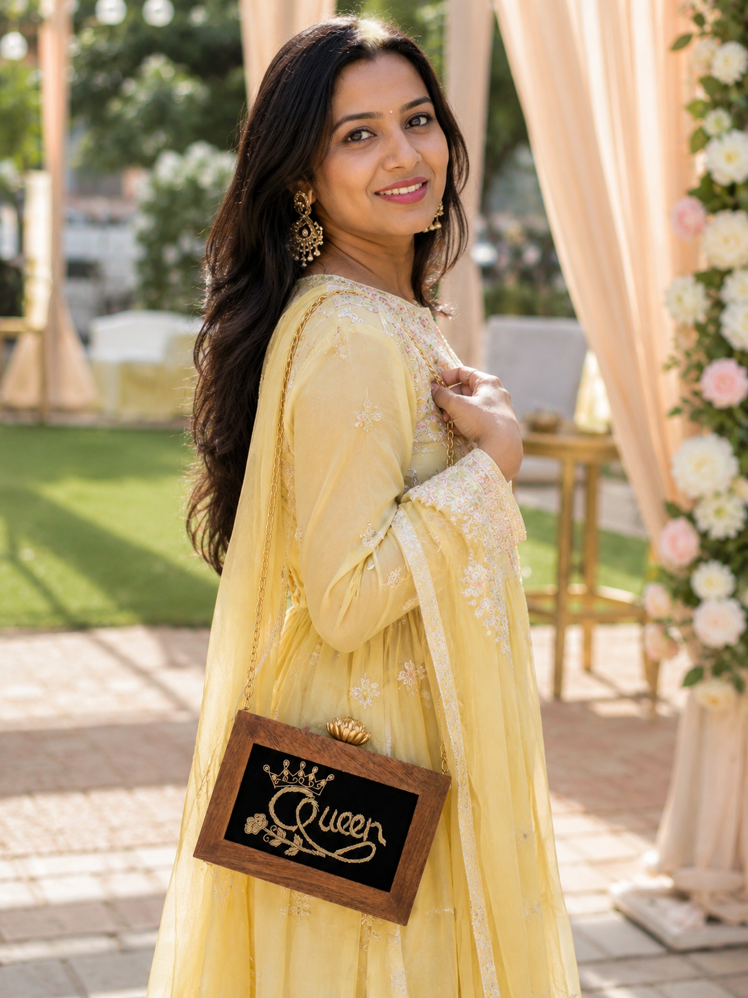 Handcrafted Women Queen Embroidery Wooden Clutch for Women