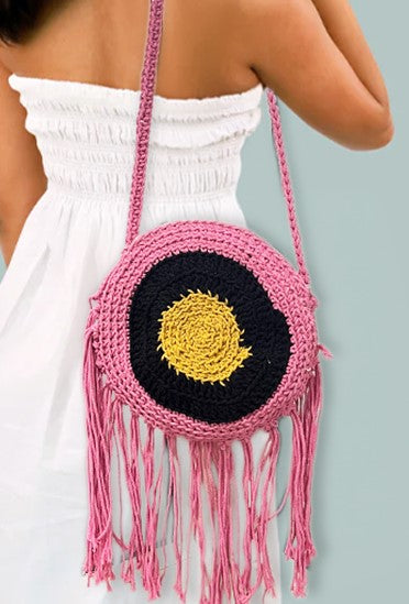 Handcrafted Round Macrame Crochet Crossbody Bag for Women (PinkSunset)