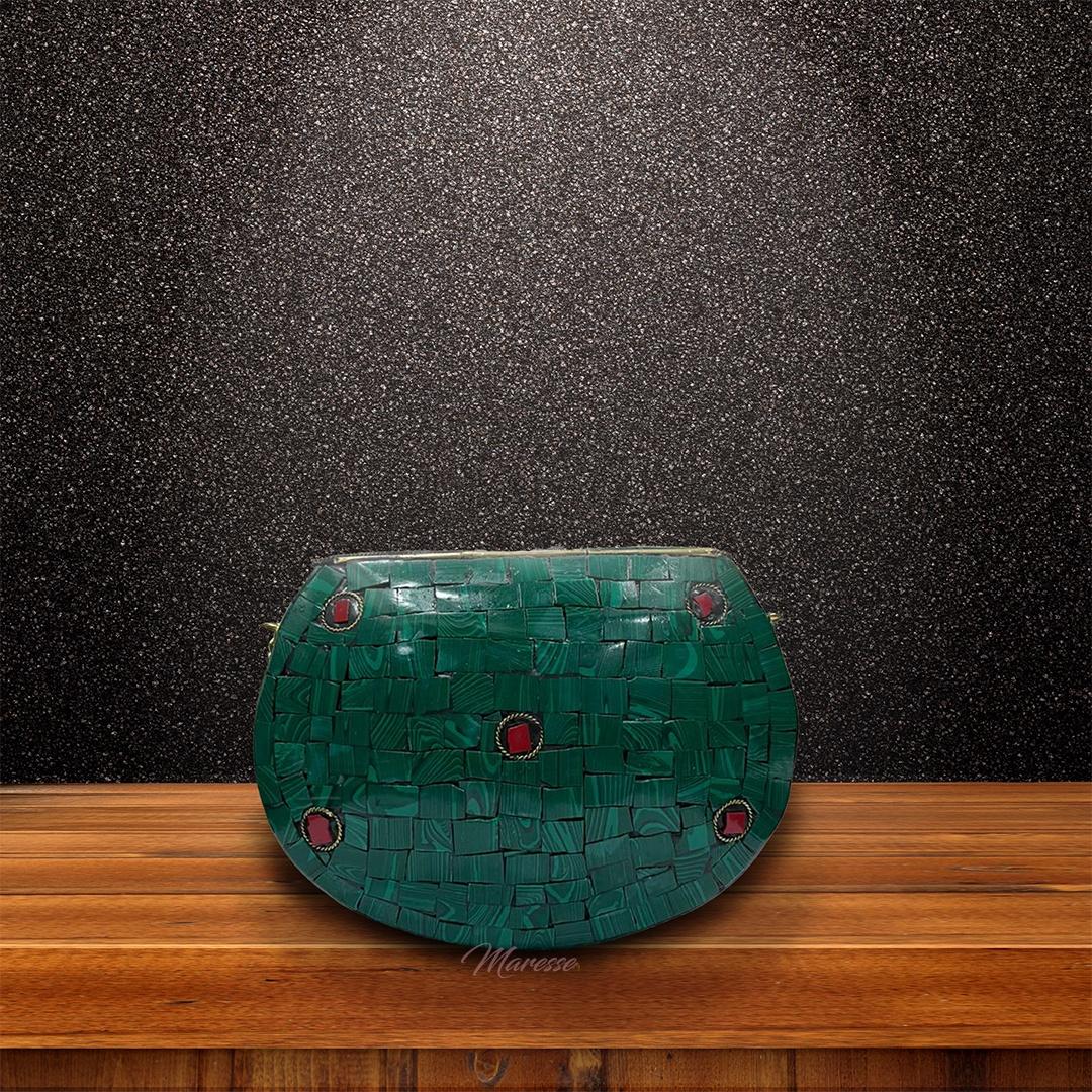 Ethnic Handmade Metal Green Stone Clutch Bag for Women