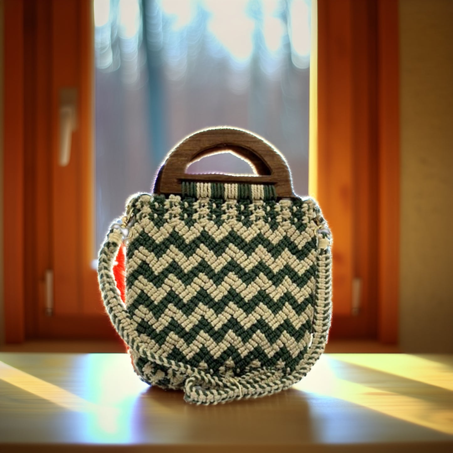 Handmade Green & Beige Chevron Macrame Bag for Women (MintyLoom)