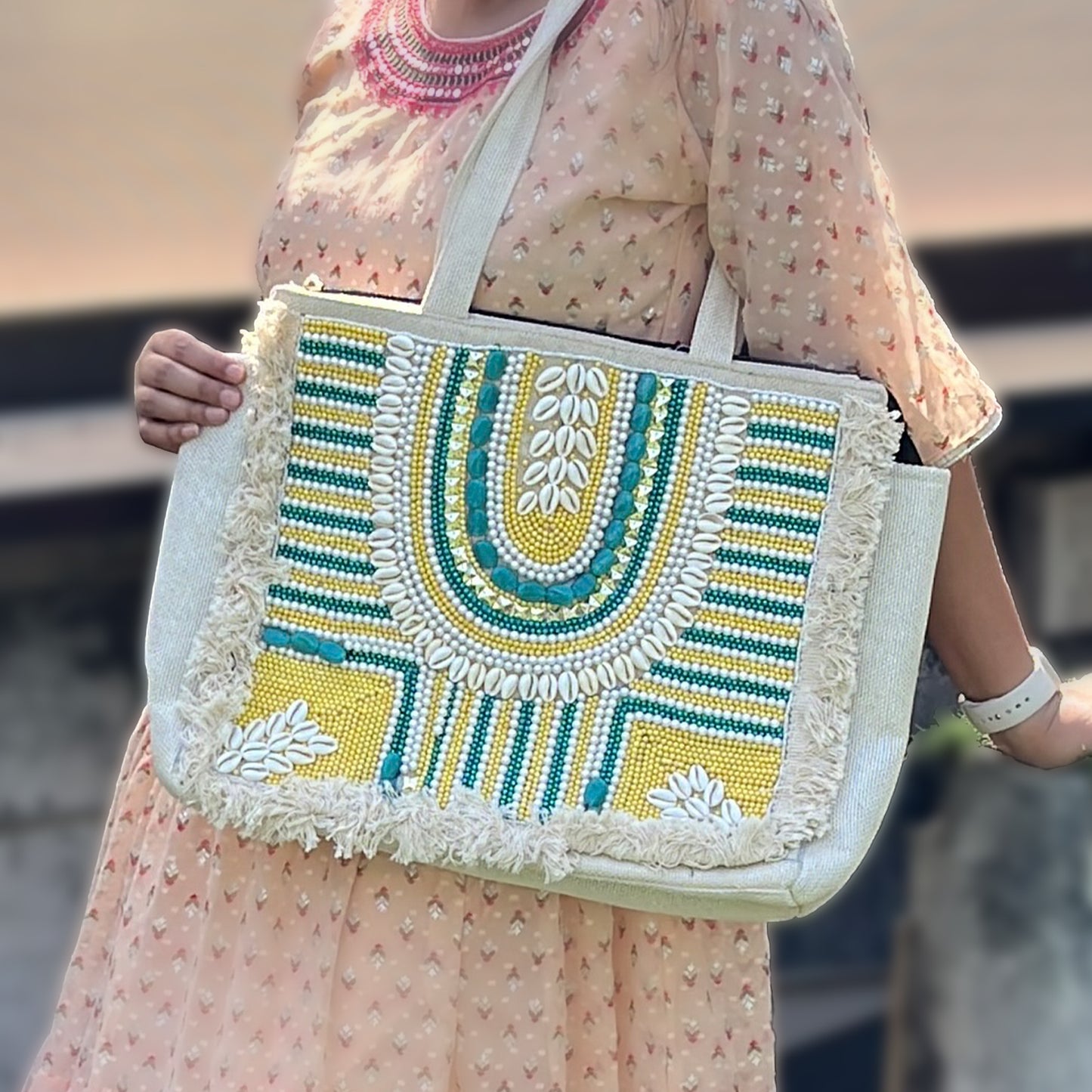 Hancrafted Yellow & Green Bohemian Jute Tote Bag for Women (Nirvaan)