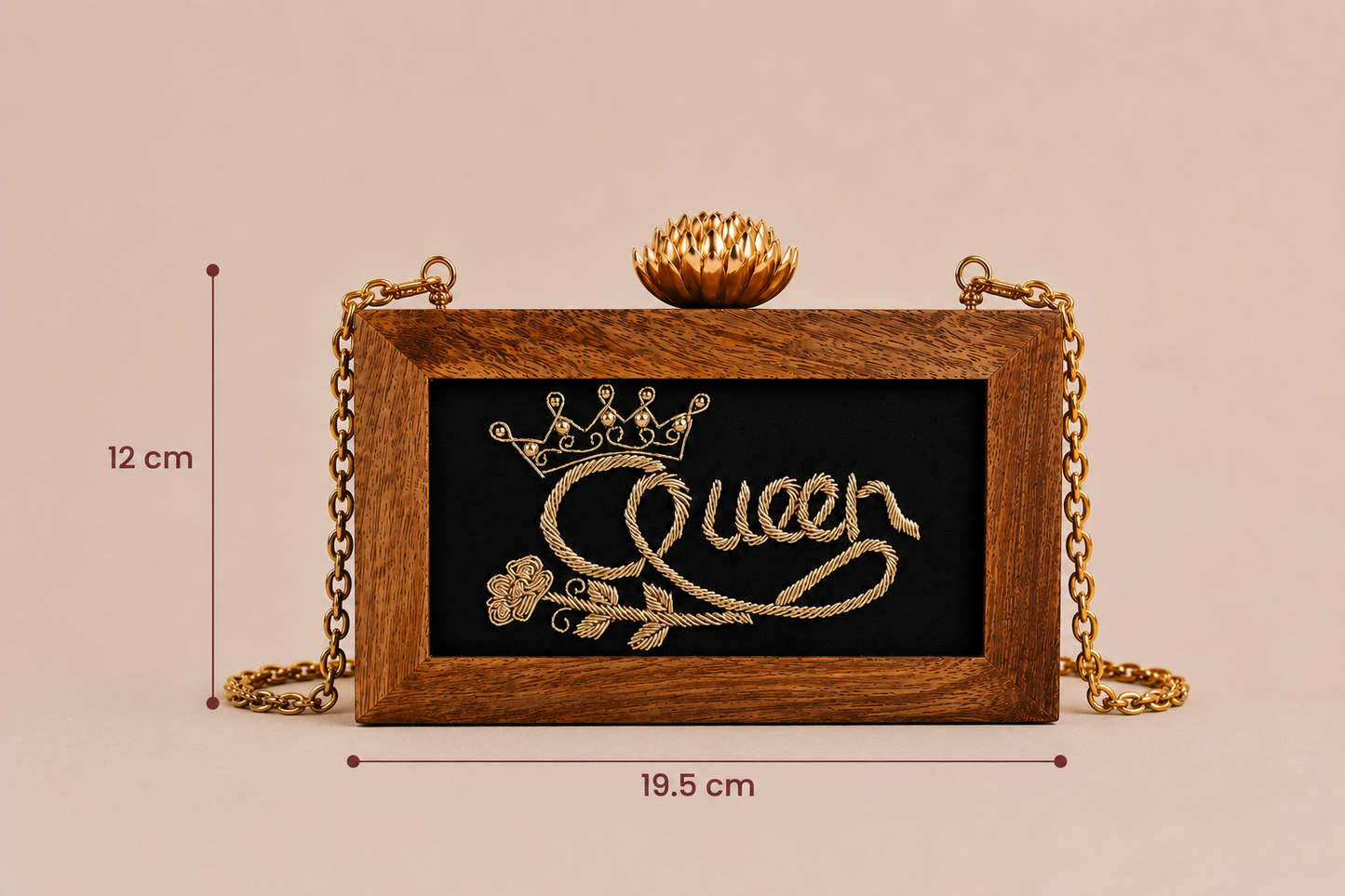 Handcrafted Women Queen Embroidery Wooden Clutch for Women