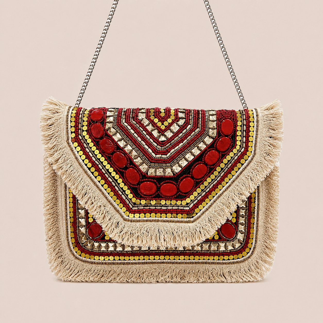 Women Ethnic Embellished Handmade Designer Red Boho Bag