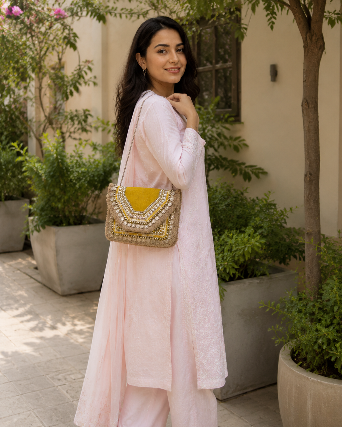 Women Ethnic Embellished Handmade Designer Mustard Boho Bag