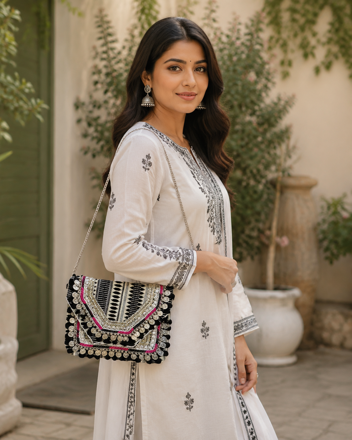 Women Ethnic Embellished Handmade Boho Bag (Midnight Black)