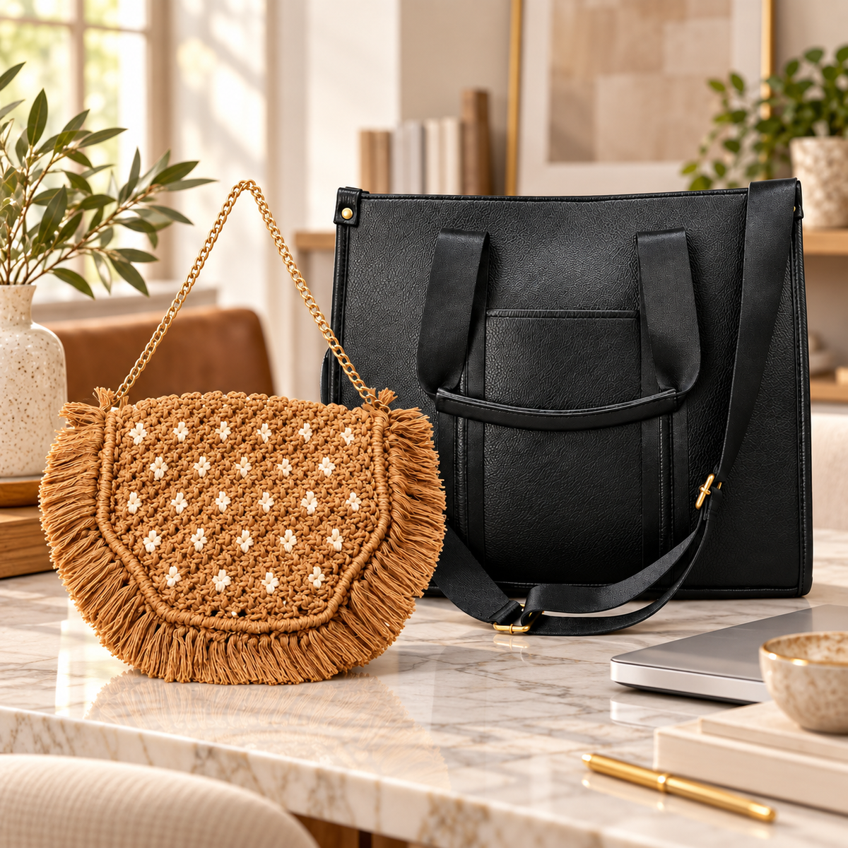 Maresse Black Woven Tote + Free Tan Macramé Sling Bag Combo for Women
