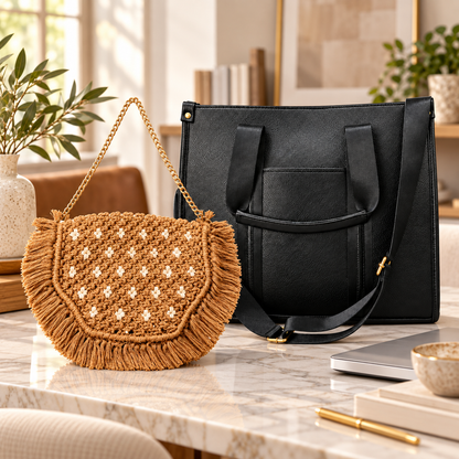 Maresse Black Woven Tote + Free Tan Macramé Sling Bag Combo for Women