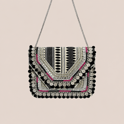 Women Ethnic Embellished Handmade Boho Bag (Midnight Black)