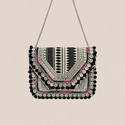 Women Ethnic Embellished Handmade Boho Bag (Midnight Black)
