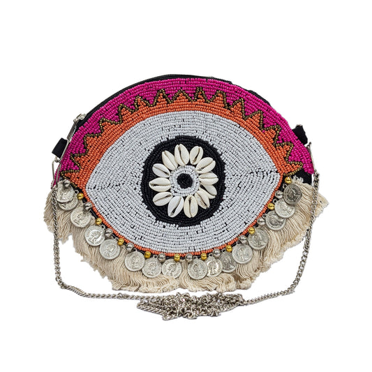 Handcrafted Evil Eye Beaded Crossbody Orange Boho Bag