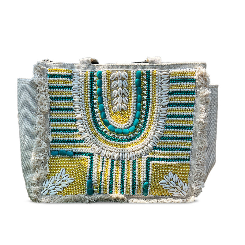 Hancrafted Yellow & Green Bohemian Jute Tote Bag for Women (Nirvaan)