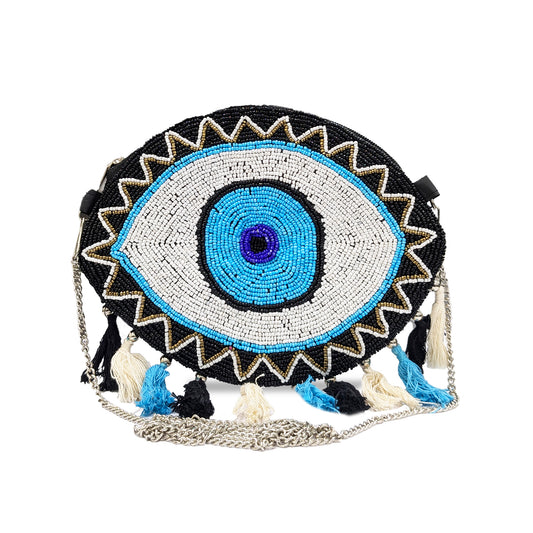 Handcrafted Blue Evil Eye Beaded Crossbody Boho Purse