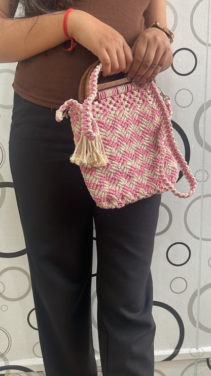 Handmade Pink & Beige Macrame Bag for Women (RosewoodChic)