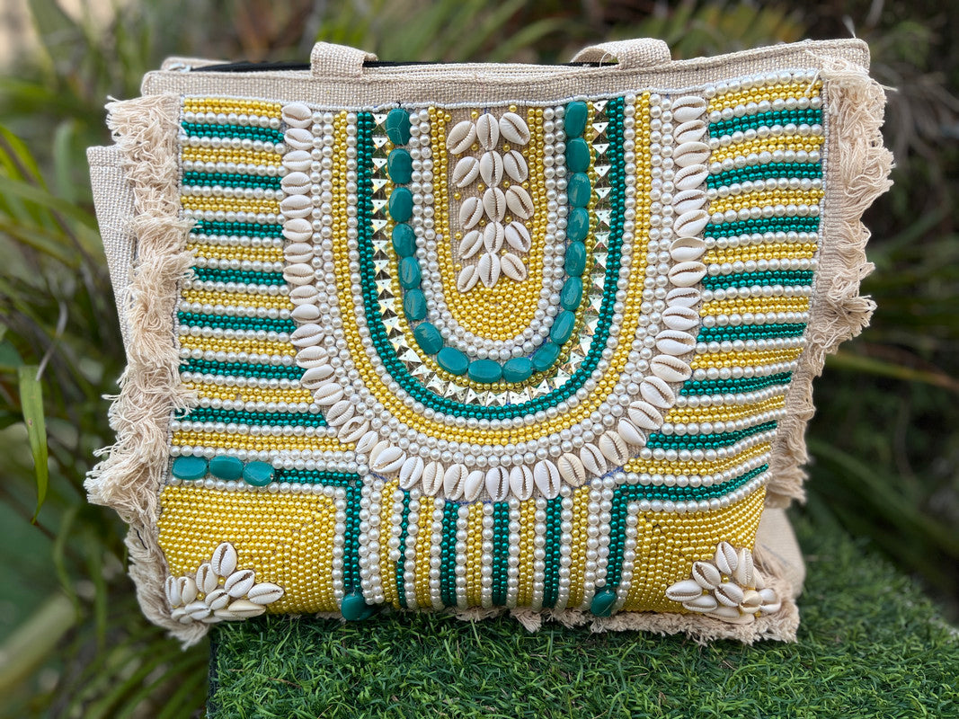 Hancrafted Yellow & Green Bohemian Jute Tote Bag for Women (Nirvaan)