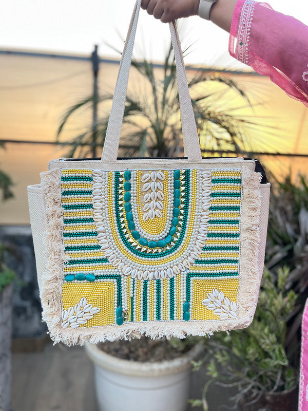 Hancrafted Yellow & Green Bohemian Jute Tote Bag for Women (Nirvaan)