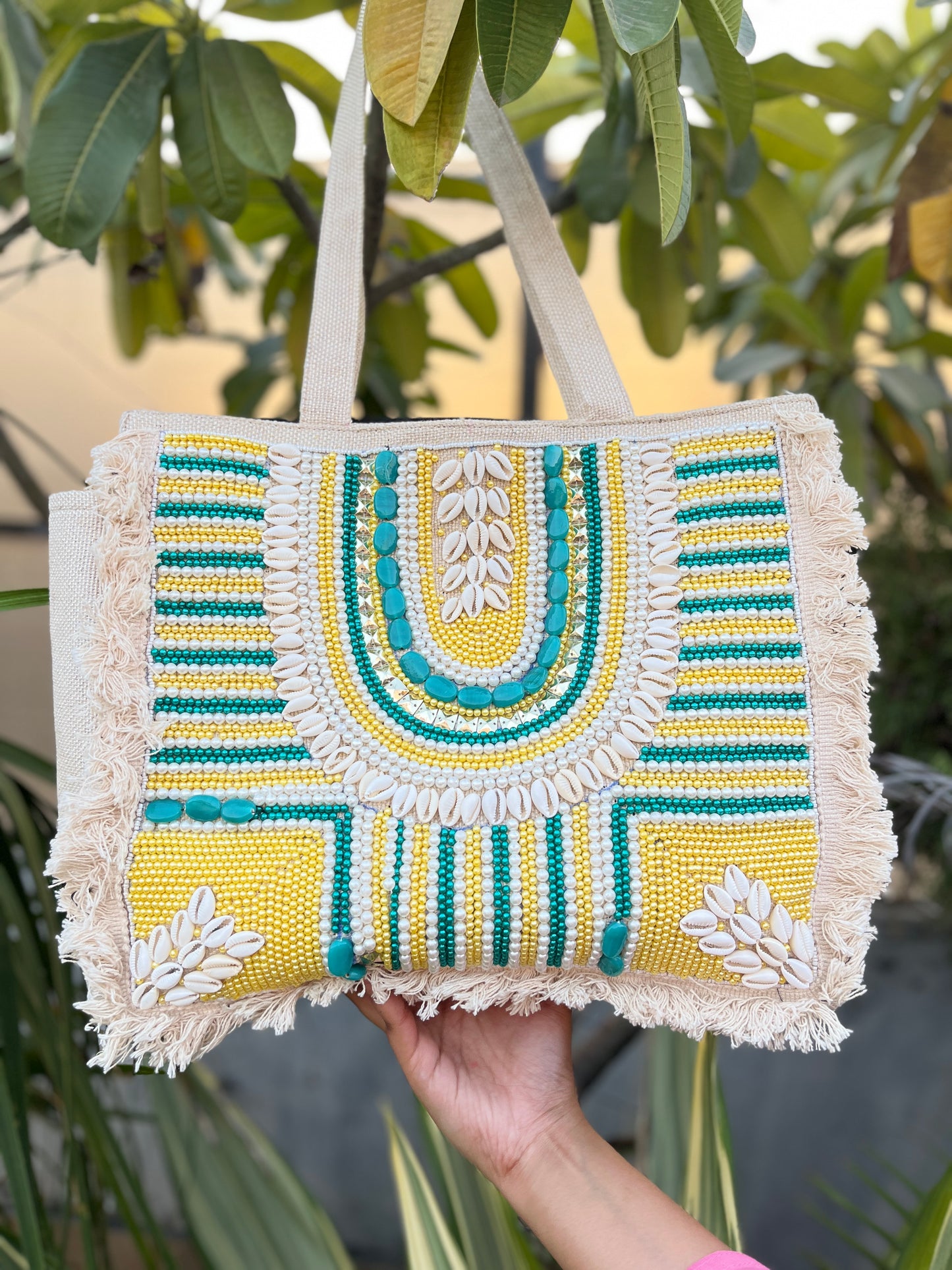 Hancrafted Yellow & Green Bohemian Jute Tote Bag for Women (Nirvaan)