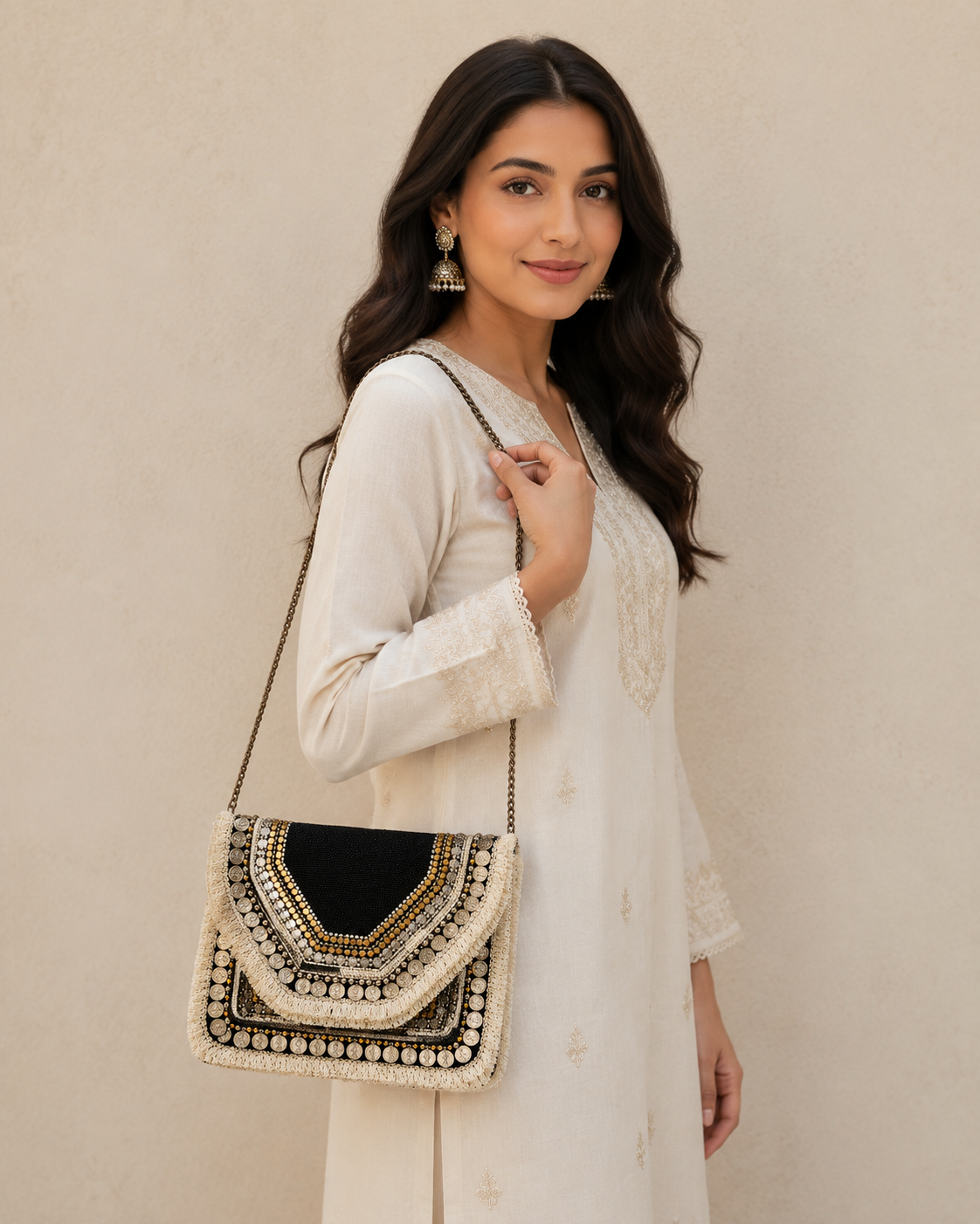 Women Ethnic Designer Boho Bag  (Black & White Bliss)