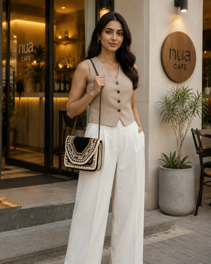 Women Ethnic Designer Boho Bag  (Black & White Bliss)