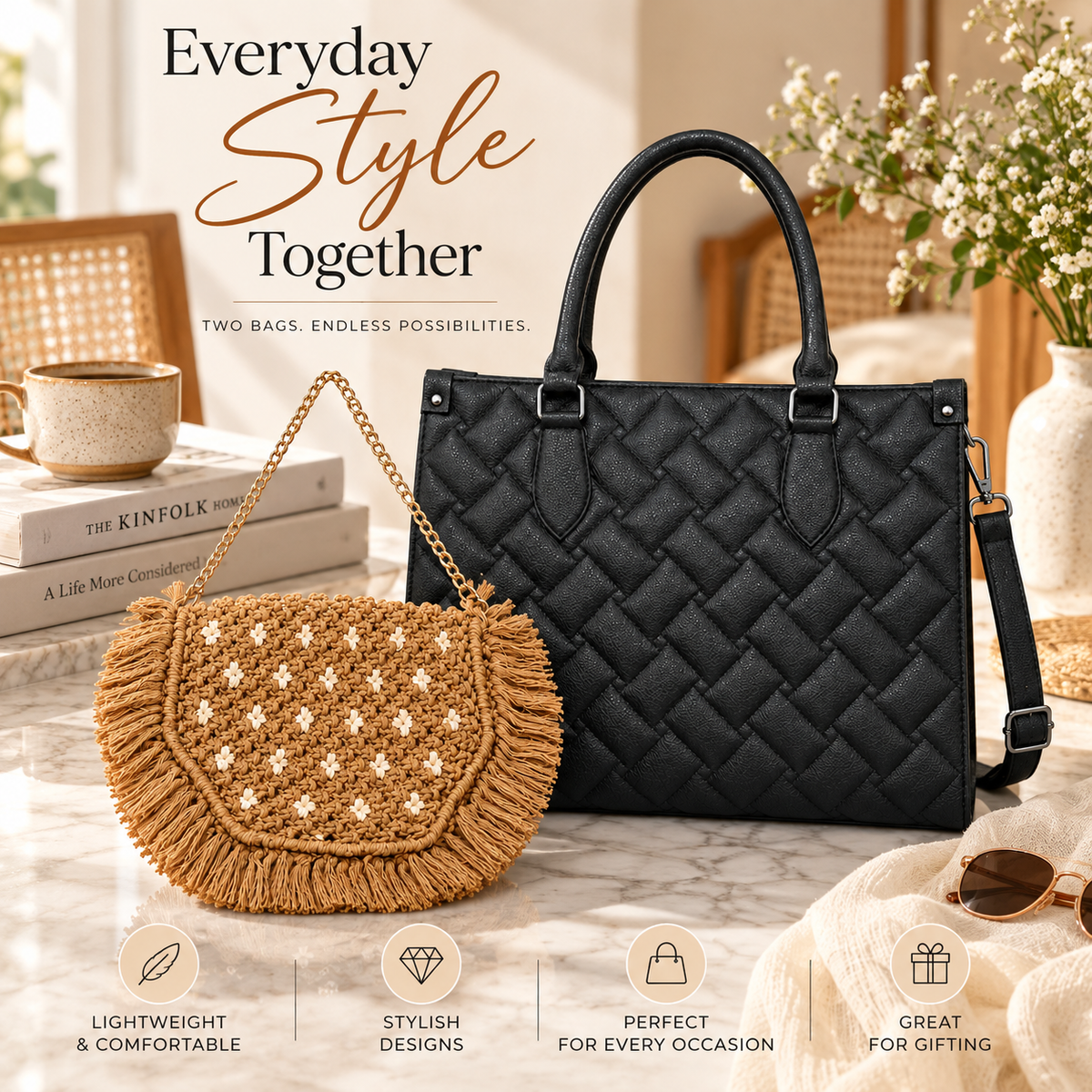 Maresse Black Woven Tote + Free Tan Macramé Sling Bag Combo for Women