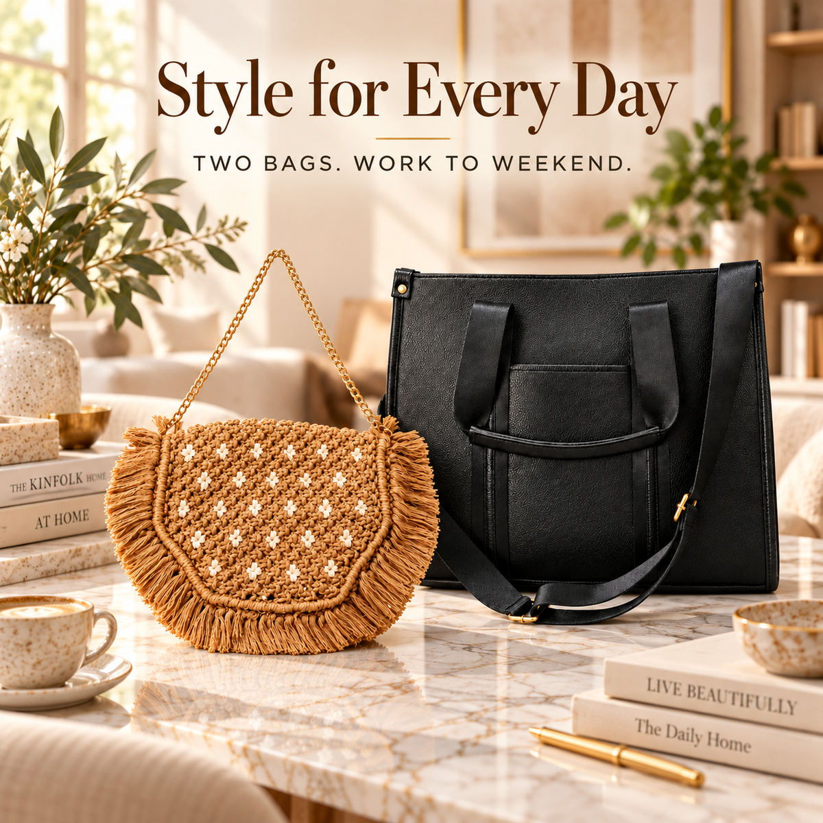 Maresse Black Woven Tote + Free Tan Macramé Sling Bag Combo for Women