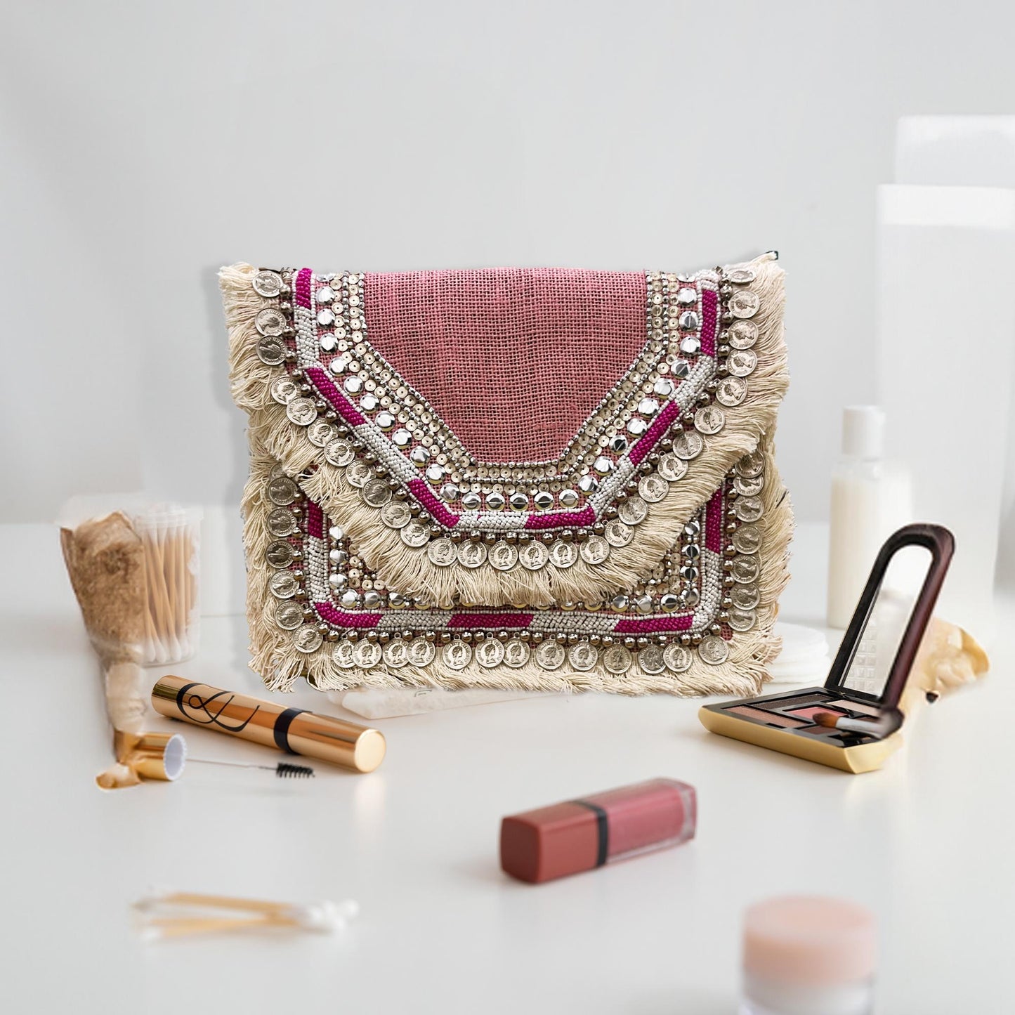 Women Ethnic Embellished Handmade Designer Boho Bag (Blush Pink)