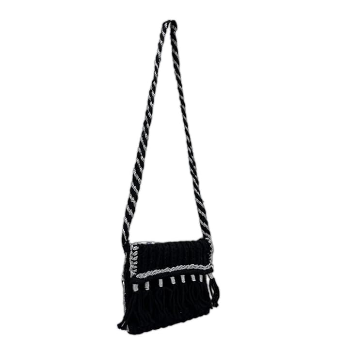 Handcrafted Elegant Black Macrame Bag for Women (MidnightFringe)