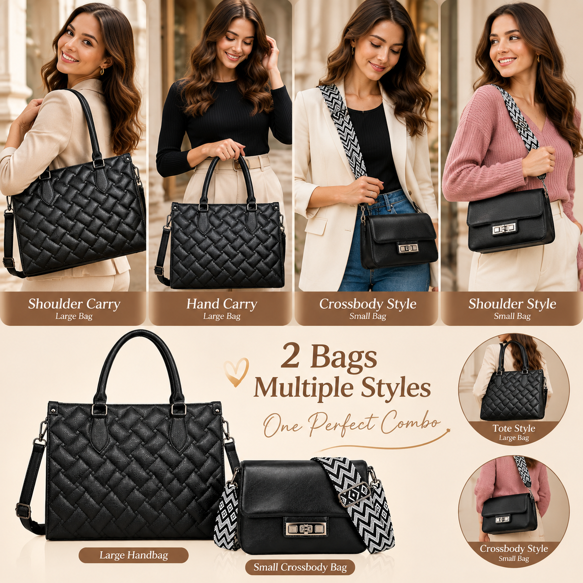 Maresse Women’s Black Purse Set of 2, Premium Tote Handbag with Matching Crossbody Bag