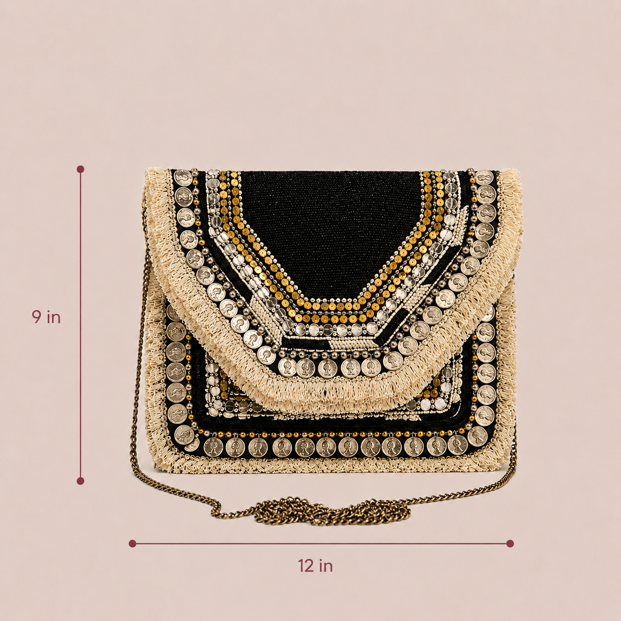 Women Ethnic Designer Boho Bag  (Black & White Bliss)