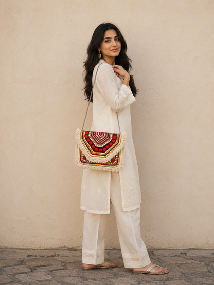 Women Ethnic Embellished Handmade Designer Red Boho Bag