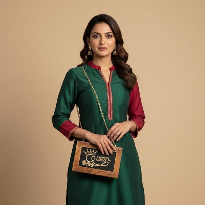 Handcrafted Women Queen Embroidery Wooden Clutch for Women