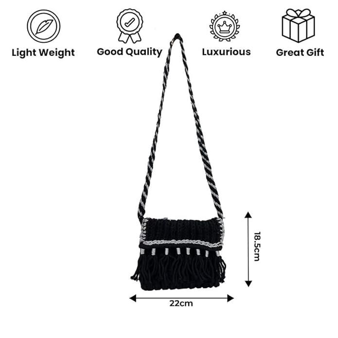 Handcrafted Elegant Black Macrame Bag for Women (MidnightFringe)