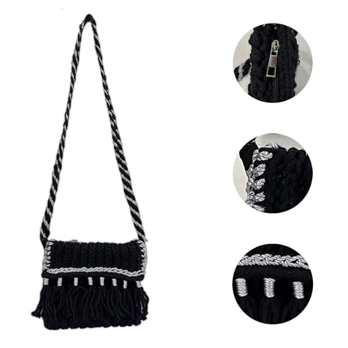 Handcrafted Elegant Black Macrame Bag for Women (MidnightFringe)