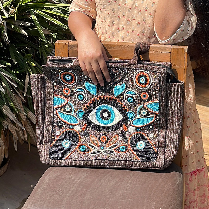 Bohemian Evil Eye Brown Tote Bag for Women (Elysian)