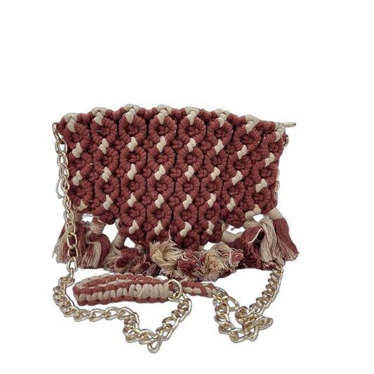 Handcrafted Maroon Macrame Bag with Chain Strap for Women (DuneChain)