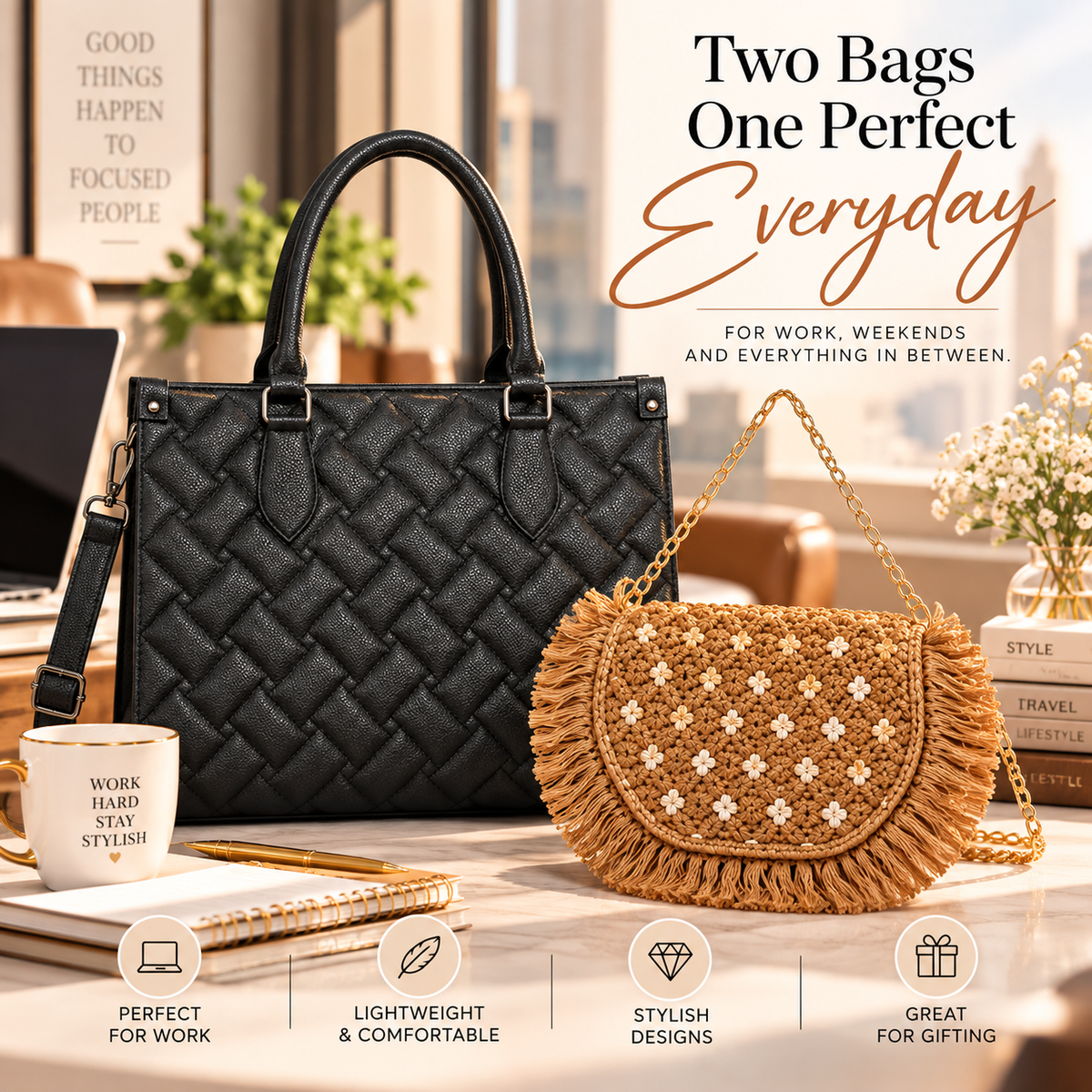 Maresse Black Woven Tote + Free Tan Macramé Sling Bag Combo for Women