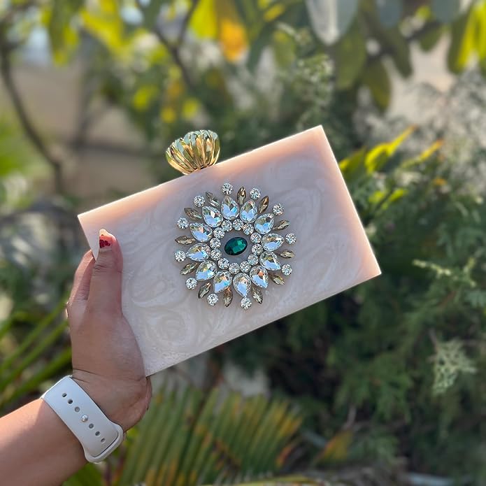 Designer White Stone-Embellished Resin Clutch for Women (Resinique)