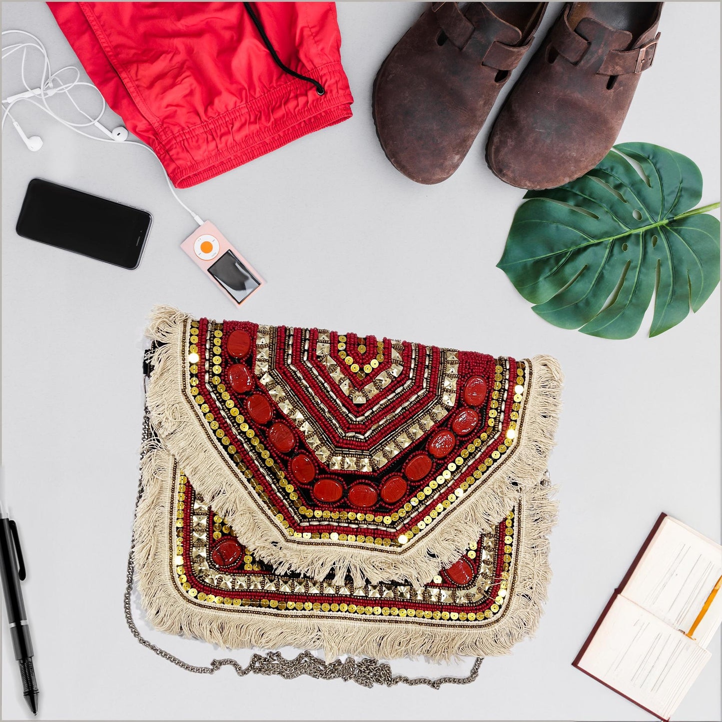 Women Ethnic Embellished Handmade Designer Red Boho Bag