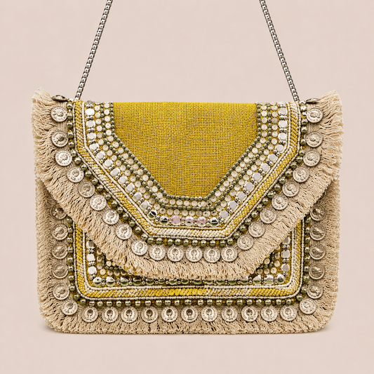 Women Ethnic Embellished Handmade Designer Mustard Boho Bag