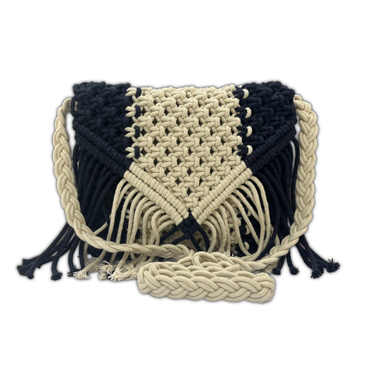 Handcrafted Macrame Blue & Cream Purse with Fringe (Seraph)