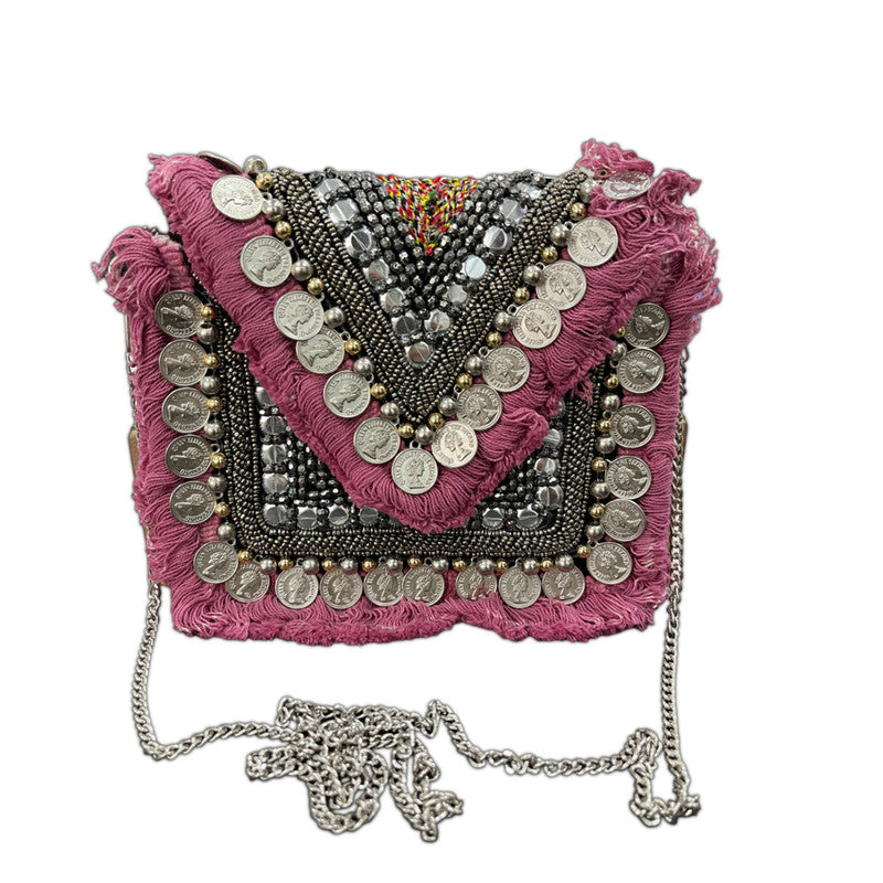 Women Ethnic Embellished Handmade Embroidered Boho Bag (Pink S)