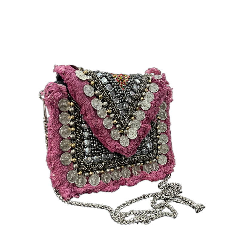 Women Ethnic Embellished Handmade Embroidered Boho Bag (Pink S)