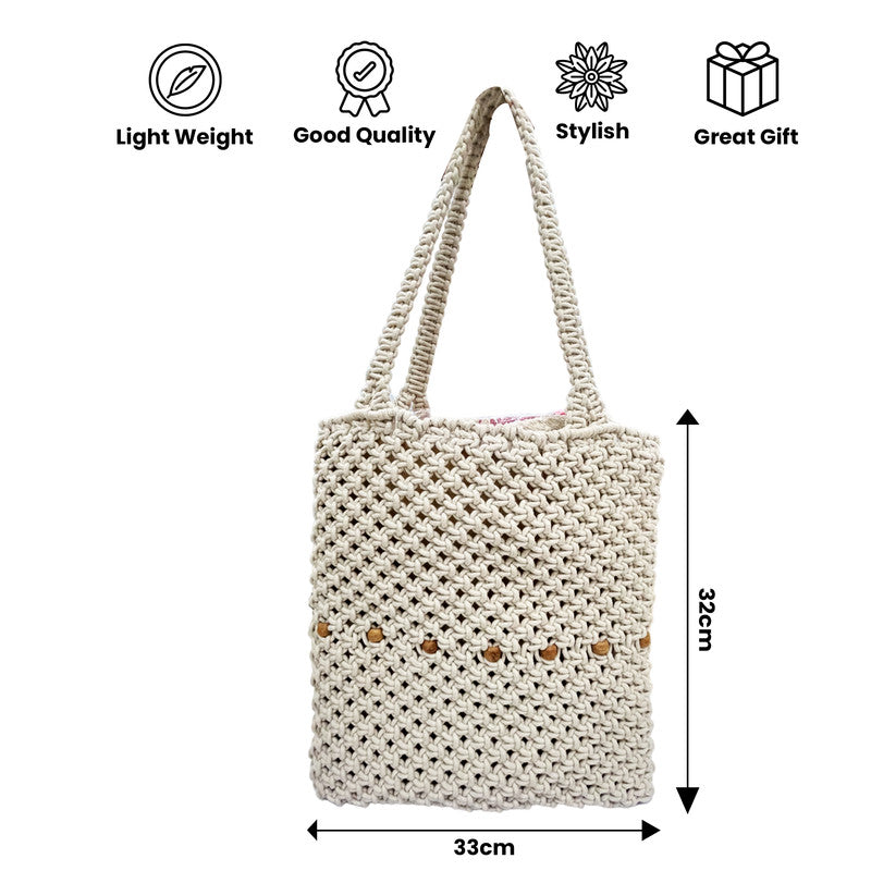 Handcrafted Macrame Tote Bag with Braided Handles (SnowLoom)