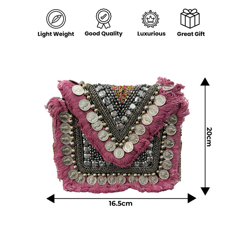 Women Ethnic Embellished Handmade Embroidered Boho Bag (Pink S)