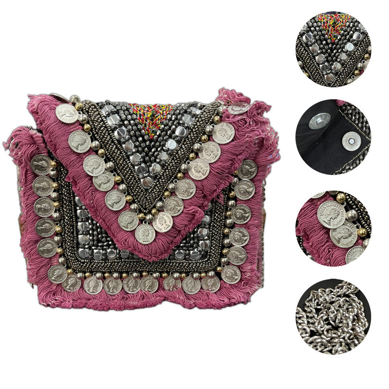 Women Ethnic Embellished Handmade Embroidered Boho Bag (Pink S)