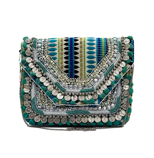 Women Ethnic Embellished Handmade Designer Boho Bag (Evergreen)