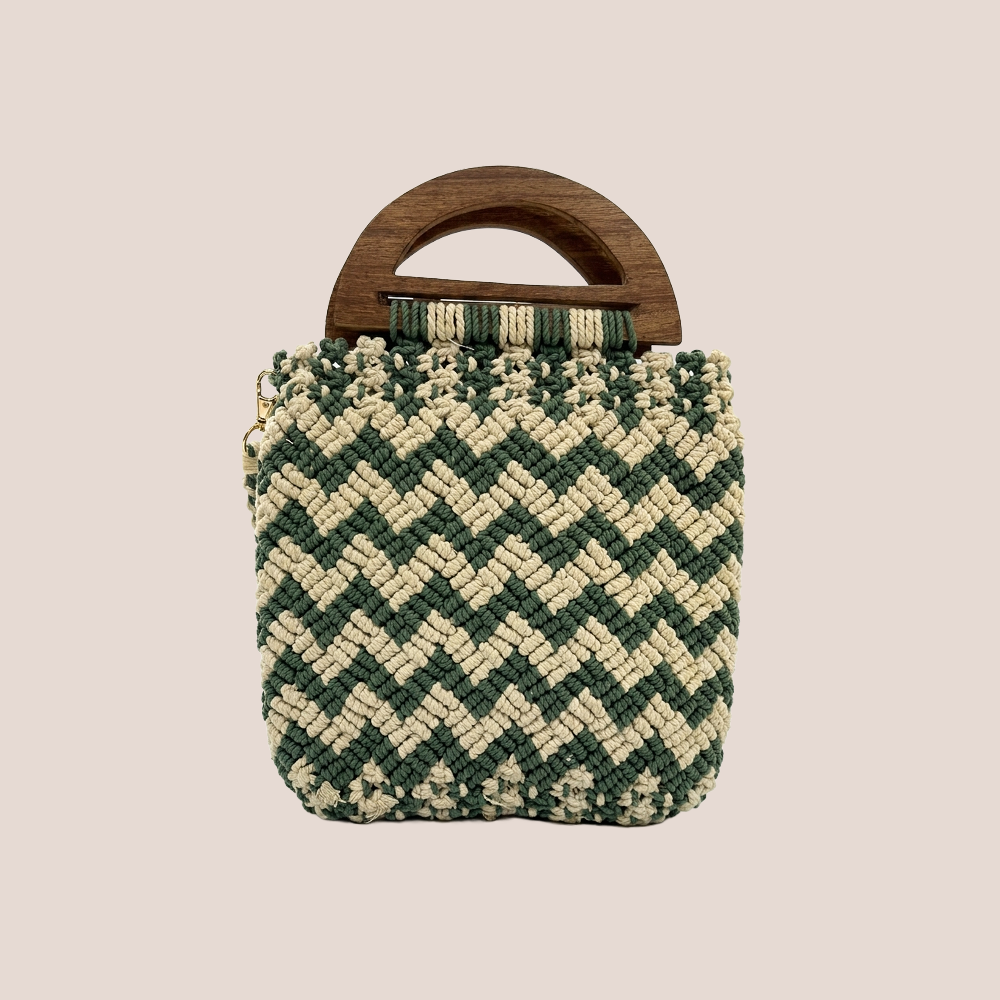 Handmade Green & Beige Chevron Macrame Bag for Women (MintyLoom)