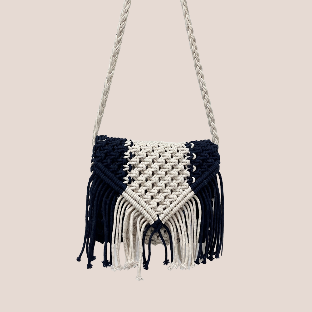 Handcrafted Macrame Blue & Cream Purse with Fringe (Seraph)