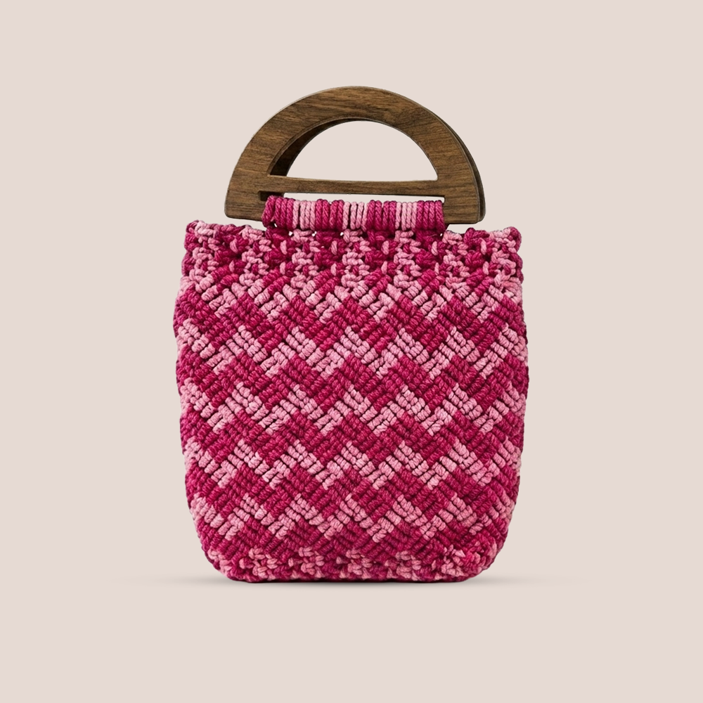 Handmade Pink  Macrame Purse with Wooden Handles (Roseweave)