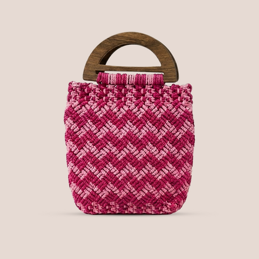 Handmade Pink  Macrame Purse with Wooden Handles (Roseweave)