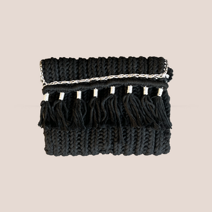 Handcrafted Elegant Black Macrame Bag for Women (MidnightFringe)